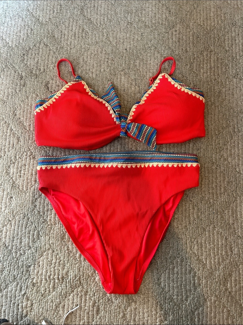 Swimsuits For All Red Tie-Front Bikini with Multicolor Trim - Picture 2 of 13